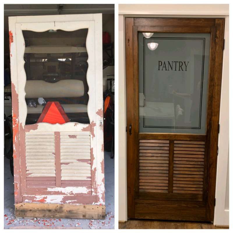 Old screen door converted into refurbished pantry entry