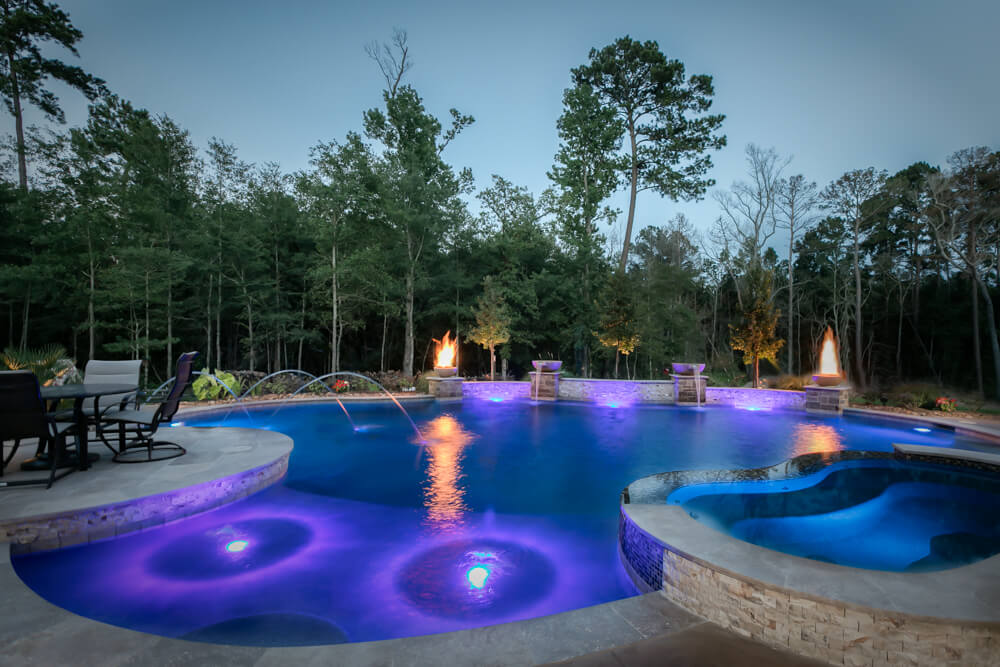 Freeform Pool with Fire Bowls in High Meadow Ranch of Magnolia, Texas